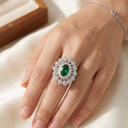 925 Sterling Silver Green Oval Zircon Floral Halo Ring For Women